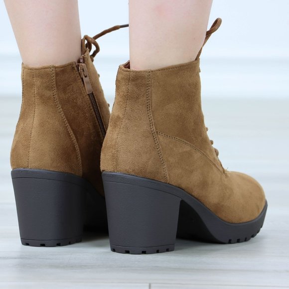 Tan Ankle Boots Chunky Block Lug High Heel Booties Lace-Up - Picture 4 of 12